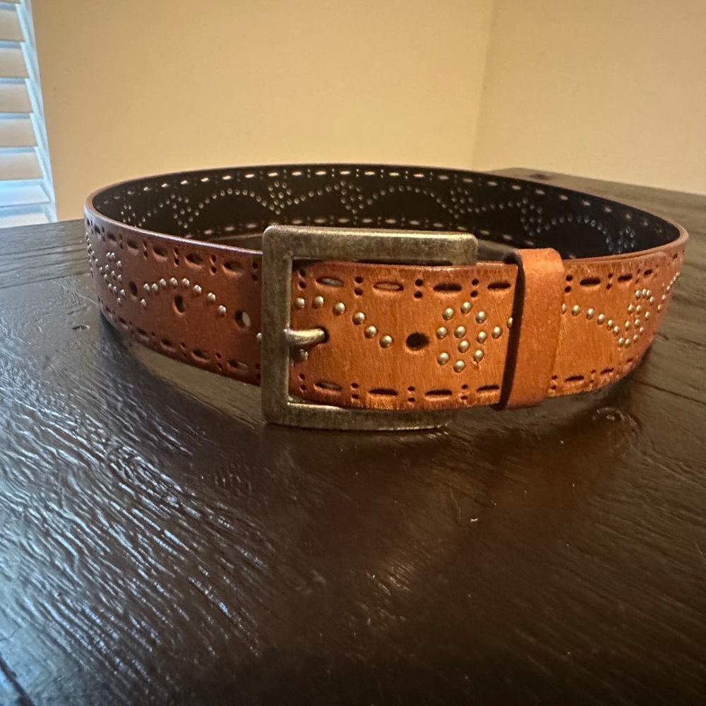Medium brown leather silver stud detailed belt